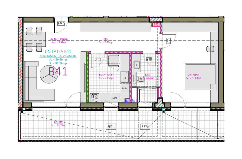 Plan apartament B41, 2 camere, etajul 4, Blue Bike Eden