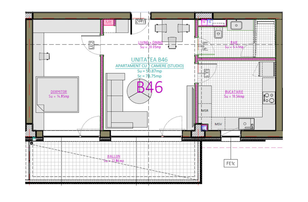 Plan apartament B26, 2 camere, etajul 2, Blue Bike Eden
