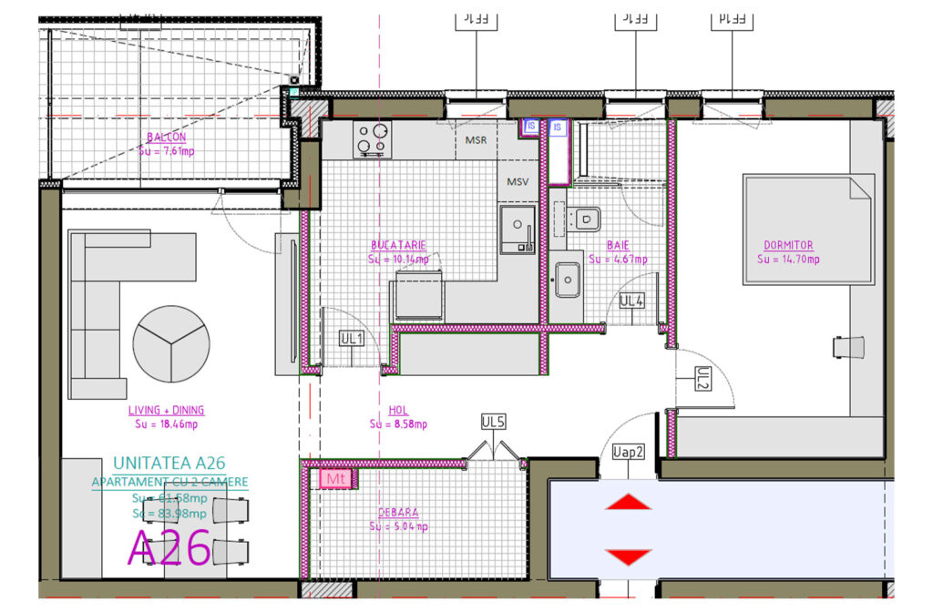 Plan apartament A26, 2 camere, etajul 2, Blue Bike Eden