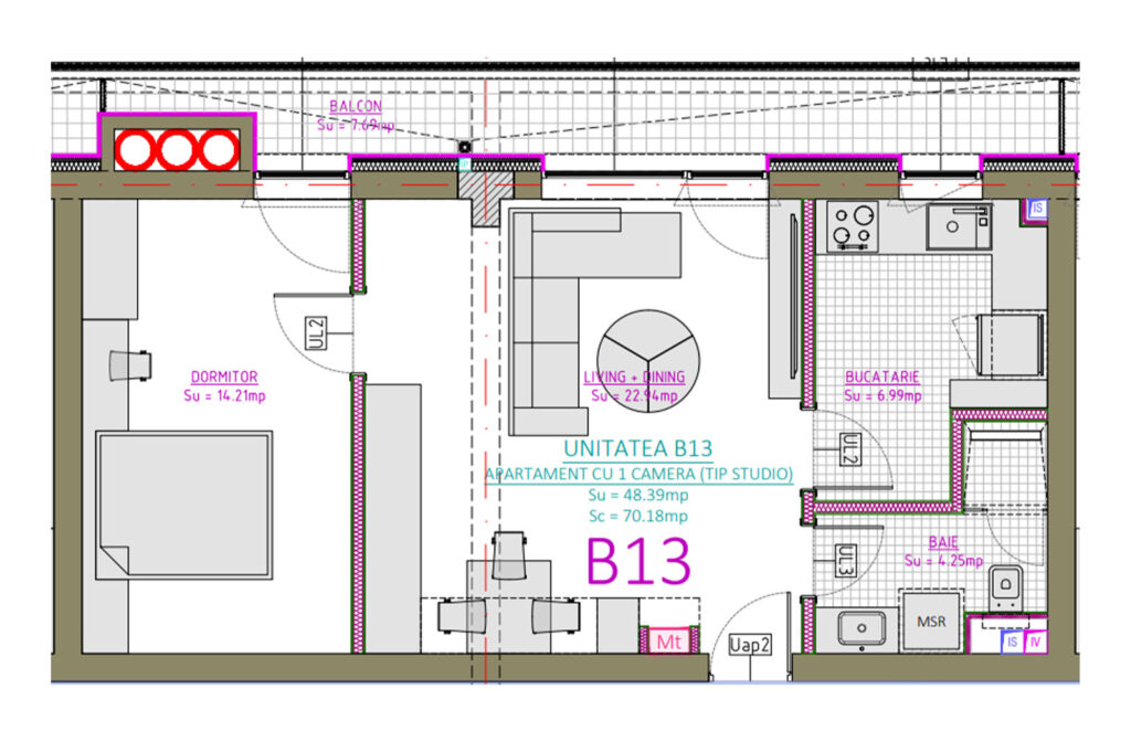 Plan apartament B13, 2 camere, etajul 1, Blue Bike Eden